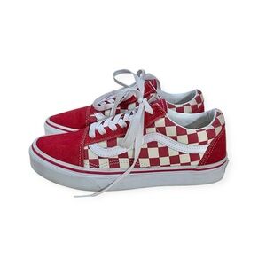 Vans Old Skool Primary Check Racing Red White Skate Shoes US Women 7 Men 5.5